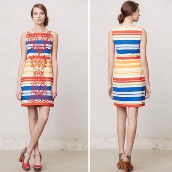 Anthropologie Banded Totem Striped Embroidered Sleeveless Shift Dress Sz 0 - Picture 1 of 9